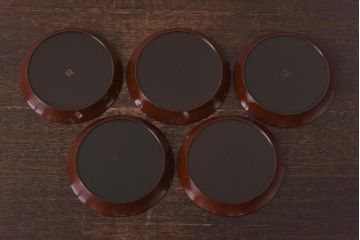 昭和初期　桔梗図　しっとりとした光沢が魅力的な木製皿5枚セット(漆器、和食器)(2)