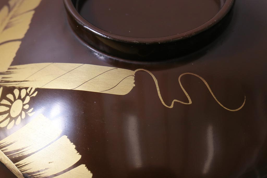 和製アンティーク　蜻蛉・草花の図　金彩が映える蒔絵木製椀8客セット(蓋付き椀)