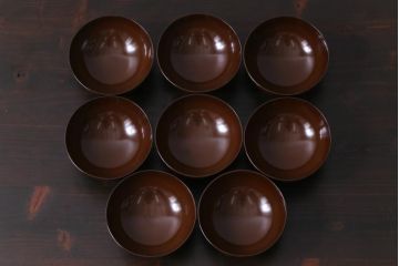 和製アンティーク　蜻蛉・草花の図　金彩が映える蒔絵木製椀8客セット(蓋付き椀)