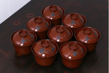 和製アンティーク　梅と松ぼっくりの図　羽反型　蒔絵木製椀8客セット(蓋付き椀)