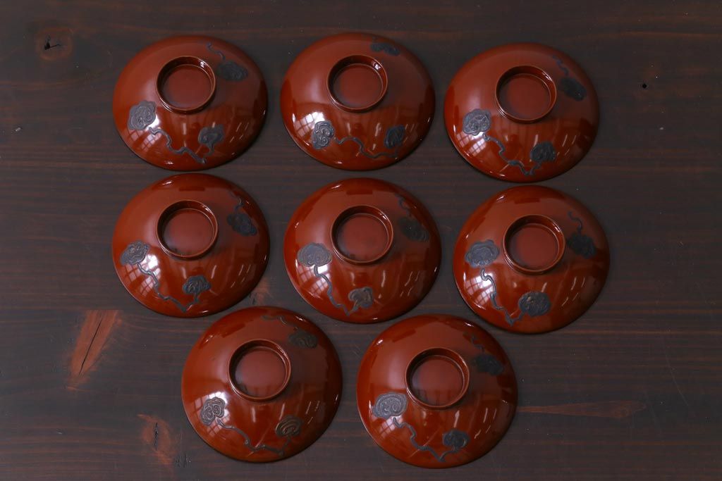 和製アンティーク　梅と松ぼっくりの図　羽反型　蒔絵木製椀8客セット(蓋付き椀)