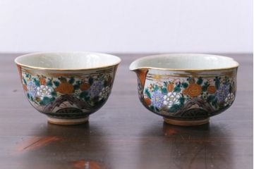 和製アンティーク　九谷焼　九谷庄三　色絵　牡丹と僧侶　茶器セット(急須、湯冷まし、湯呑み)