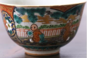 和製アンティーク　九谷焼　九谷庄三　色絵　牡丹と僧侶　茶器セット(急須、湯冷まし、湯呑み)