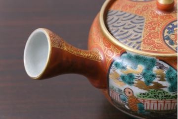 和製アンティーク　九谷焼　九谷庄三　色絵　牡丹と僧侶　茶器セット(急須、湯冷まし、湯呑み)