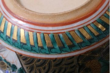 和製アンティーク　九谷焼　九谷庄三　色絵　牡丹と僧侶　茶器セット(急須、湯冷まし、湯呑み)