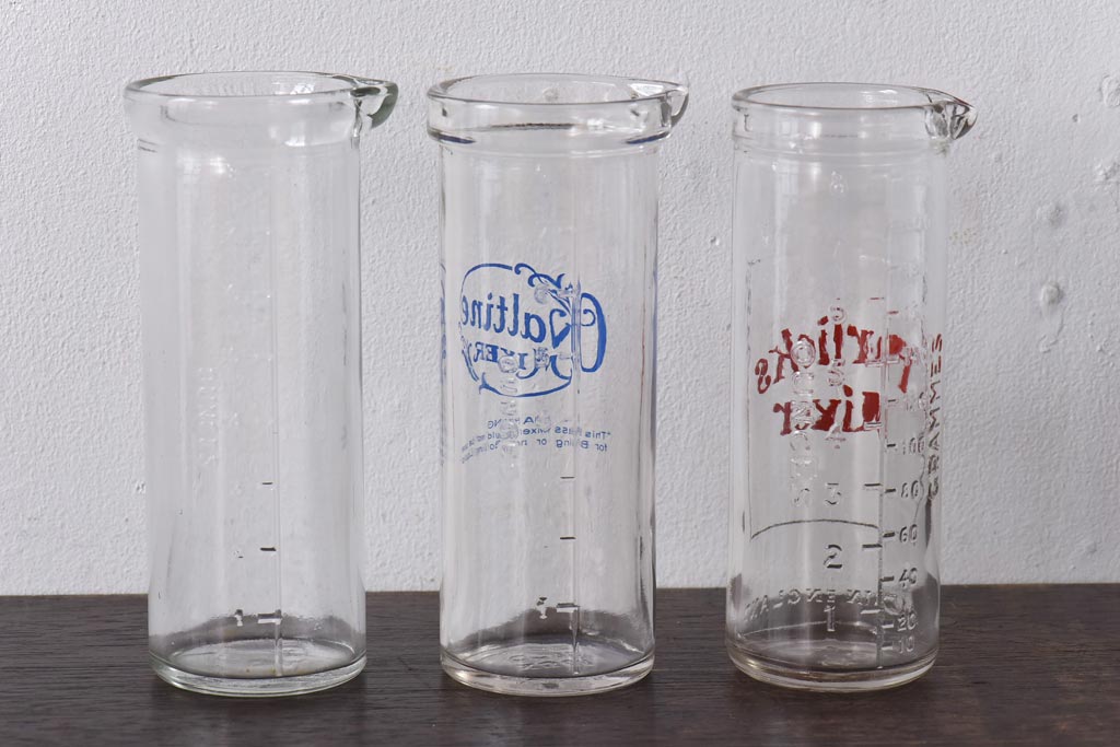 アンティーク雑貨 イギリスアンティーク Ovaltine(オバルチン) Horlicks(ホーリックス) レトロな雰囲気が可愛らしいミキサーボトル3個セット(ガラスボトル、瓶、一輪挿し)