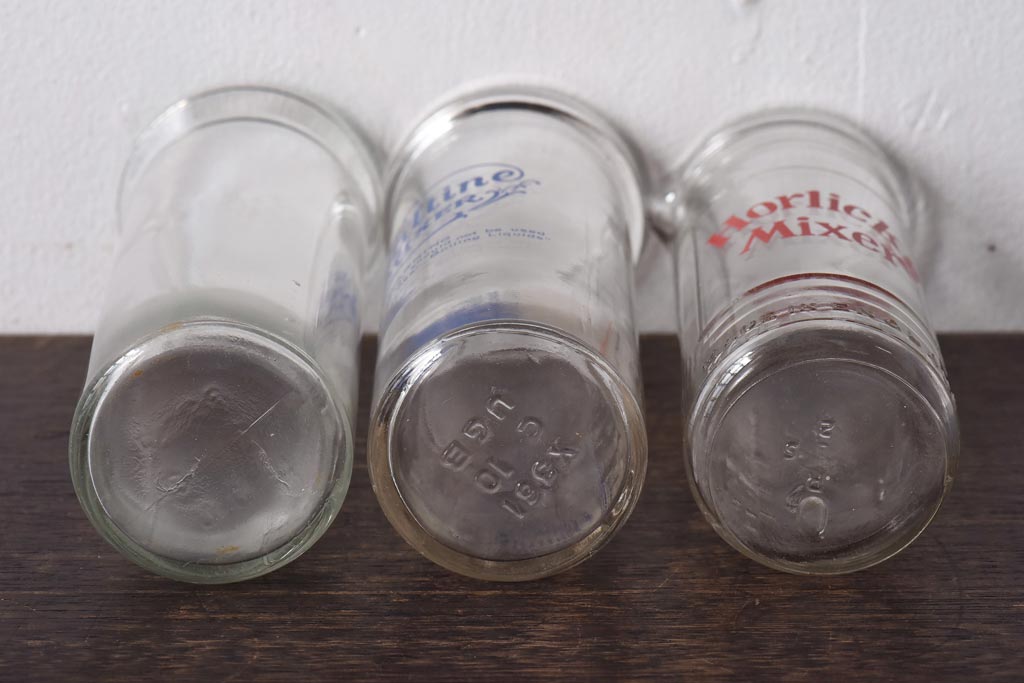 アンティーク雑貨 イギリスアンティーク Ovaltine(オバルチン) Horlicks(ホーリックス) レトロな雰囲気が可愛らしいミキサーボトル3個セット(ガラスボトル、瓶、一輪挿し)