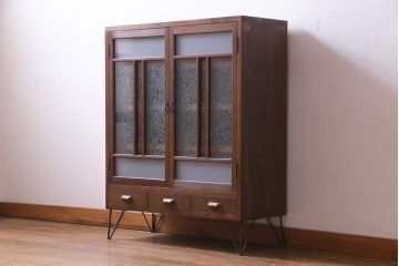 ラフジュ工房オリジナル　古建具リメイク　3種類のレトロガラスを使った趣きあふれる収納棚(本箱、戸棚)