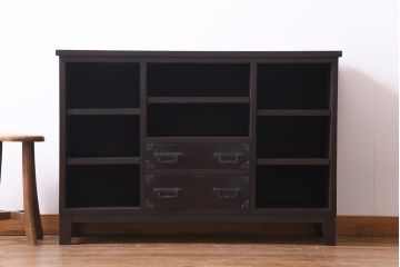ラフジュ工房オリジナル　引き出しリメイク　黒漆と角手が渋さを演出するリビングボード(収納棚)