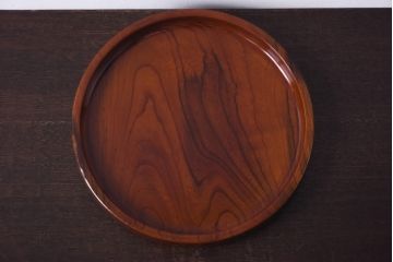 昭和レトロ　ケヤキ材　木目と艶が美しい品のある刳り貫き盆(丸盆)