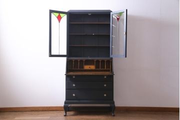 アンティーク家具　アンティーク　ステンドグラスと猫脚が素敵なペイントライティングビューロー(ビューローブックケース、ワークデスク、在宅ワーク、在宅用)