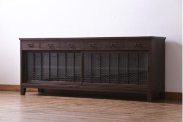 ラフジュ工房オリジナル　当店オリジナルガラス入り　味わい深い建具の脚付きテレビボード(リビングボード、サイドボード、戸棚)