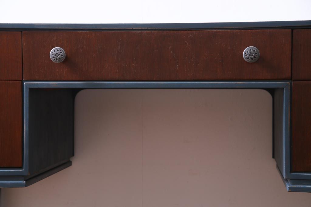 北欧家具　ペイント　ビンテージカラーと取っ手がお洒落なワークデスク(両袖机、在宅ワーク、在宅用サイドボード)