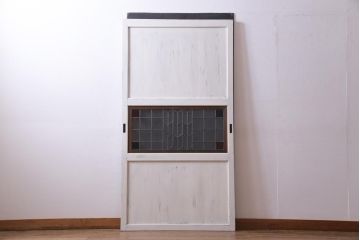 和製アンティーク　ラフジュ工房オリジナルステンドグラス　古建具リメイク　ステンドグラスを組合せたシャビーなペイント板戸1枚(引き戸、建具)