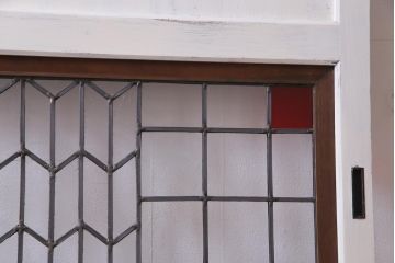 和製アンティーク　ラフジュ工房オリジナルステンドグラス　古建具リメイク　ステンドグラスを組合せたシャビーなペイント板戸1枚(引き戸、建具)