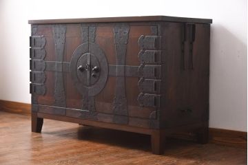 アンティーク家具　和製アンティーク　ヒノキ・桐材　無骨な金具が貫録を感じさせる観音開き戸のリメイクテレビボード(箪笥ローボード、リビングボード、桐箪笥、桐たんす)(1)