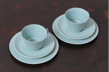 イギリスビンテージ　Woods ware(ウッズウエア)　Beryl(ベロル)　レトロなトリオ2客セット(カップ&ソーサー、プレート)(1)