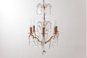 フランスアンティーク　クリスタルガラスがまばゆく煌めくシャンデリア(6灯、天井照明、吊り下げ照明)