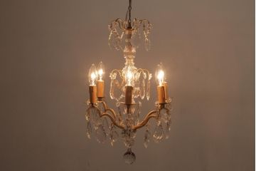 フランスアンティーク　クリスタルガラスがまばゆく煌めくシャンデリア(6灯、天井照明、吊り下げ照明)