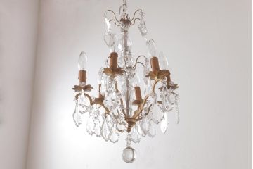 フランスアンティーク　クリスタルガラスがまばゆく煌めくシャンデリア(6灯、天井照明、吊り下げ照明)
