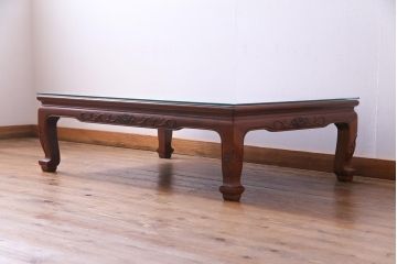 中古　伝統工芸品　大阪唐木指物　花梨材　ガラス天板付き　上品な雰囲気漂う座卓(テーブル、ローテーブル、カリン材)