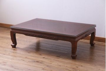 中古　伝統工芸品　大阪唐木指物　花梨材　ガラス天板付き　上品な雰囲気漂う座卓(テーブル、ローテーブル、カリン材)