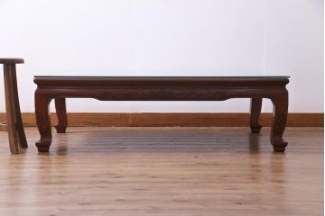 中古　伝統工芸品　大阪唐木指物　花梨材　ガラス天板付き　上品な雰囲気漂う座卓(テーブル、ローテーブル、カリン材)