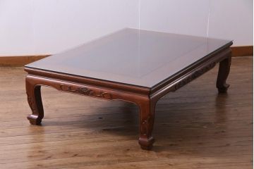 中古　伝統工芸品　大阪唐木指物　花梨材　ガラス天板付き　上品な雰囲気漂う座卓(テーブル、ローテーブル、カリン材)