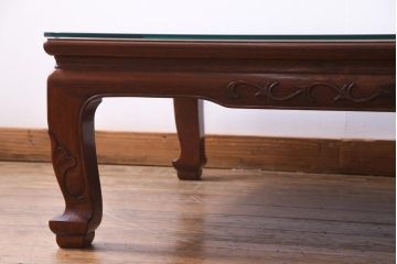 中古　伝統工芸品　大阪唐木指物　花梨材　ガラス天板付き　上品な雰囲気漂う座卓(テーブル、ローテーブル、カリン材)