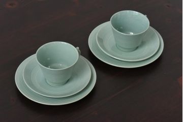 イギリスビンテージ　Woods ware(ウッズウエア)　Beryl(ベロル)　レトロなトリオ2客セット(カップ&ソーサー、プレート)(3)
