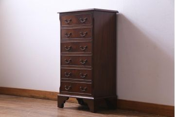 ヴィンテージ家具　イギリスビンテージ　マホガニー材　クラシカルな取っ手がおしゃれな縦型チェスト(サイドチェスト、引き出し)