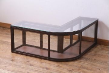 レトロ家具　昭和レトロ　Rガラス　ナラ材の味わいが豊かなL型卓上ガラスケース(ショーケース、陳列棚、店舗什器)