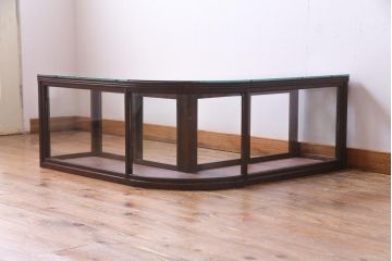 レトロ家具　昭和レトロ　Rガラス　ナラ材の味わいが豊かなL型卓上ガラスケース(ショーケース、陳列棚、店舗什器)