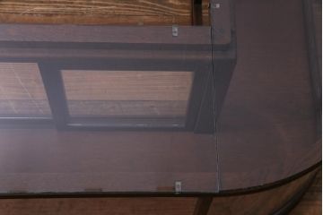レトロ家具　昭和レトロ　Rガラス　ナラ材の味わいが豊かなL型卓上ガラスケース(ショーケース、陳列棚、店舗什器)