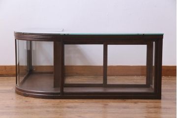 レトロ家具　昭和レトロ　Rガラス　ナラ材の味わいが豊かなL型卓上ガラスケース(ショーケース、陳列棚、店舗什器)