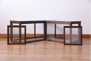 レトロ家具　昭和レトロ　Rガラス　ナラ材の味わいが豊かなL型卓上ガラスケース(ショーケース、陳列棚、店舗什器)