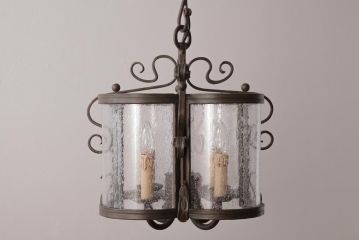 海外製　高級品!　アイアンフレームと気泡ガラスが目を引くビンテージの4灯シャンデリア(吊り下げ照明、天井照明)