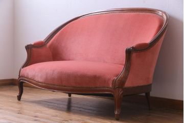 アンティーク家具　フランスアンティーク　マホガニー材　優雅なフォルムのハイバック2人掛けソファ(ラブソファ)