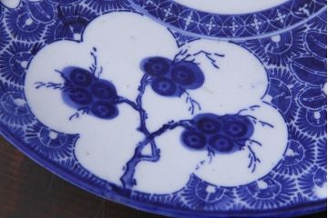 アンティーク雑貨　古民具・骨董　明治期　印判　華やかな図柄の1尺1寸5分皿(大皿、和食器)