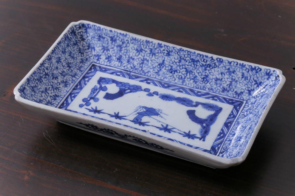 古民具・骨董　江戸期　大明成化年製　微塵唐草文長皿(和食器)