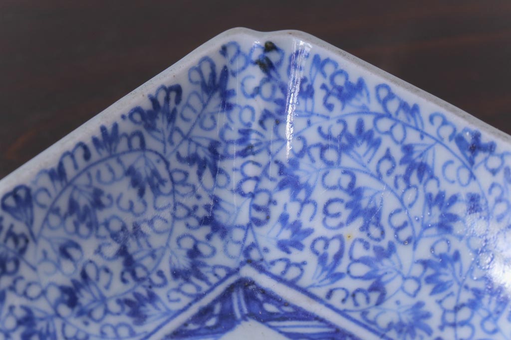 古民具・骨董　江戸期　大明成化年製　微塵唐草文長皿(和食器)