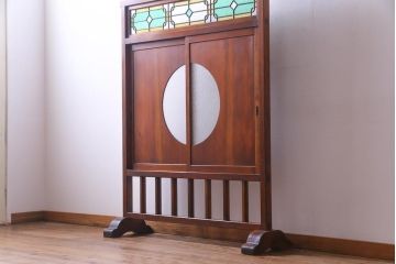 アンティーク雑貨　ラフジュ工房オリジナルステンドグラス　大正昭和初期　当時もの色ガラス　引き戸付衝立(パーテーション、つい立て、仕切り)