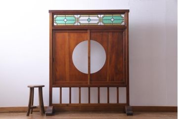 アンティーク雑貨　ラフジュ工房オリジナルステンドグラス　大正昭和初期　当時もの色ガラス　引き戸付衝立(パーテーション、つい立て、仕切り)