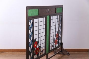アンティーク雑貨　ラフジュ工房オリジナルステンドグラス　昭和初期　当時もの色ガラス　ステンドグラス　椿の図がおしゃれな衝立(パーテーション、つい立て、仕切り)