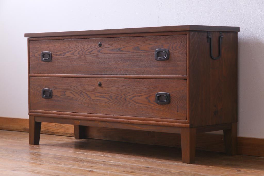 リメイク家具　大正昭和初期　前板エンジュ材　美しい木目の和モダンなリビングボード(引き出し、チェスト、テレビボード)