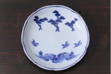 古民具・骨董　江戸期　古伊万里　藍九谷　松と鴎　変形皿(中皿、和食器)(2)