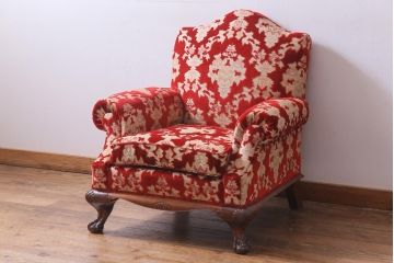ヴィンテージ家具　イギリスビンテージ　クロウ&ボール　金華山張り　赤の座面が抜群の存在感を放つ一人掛けソファ(ラウンジソファ)