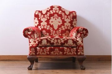 ヴィンテージ家具　イギリスビンテージ　クロウ&ボール　金華山張り　赤の座面が抜群の存在感を放つ一人掛けソファ(ラウンジソファ)