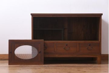 レトロ家具　昭和レトロ　桐材　丸窓がおしゃれな当店オリジナルガラス入りのリメイク箪笥ローボード(戸棚)