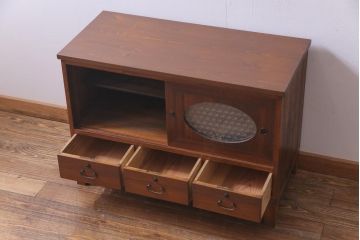 レトロ家具　昭和レトロ　桐材　丸窓がおしゃれな当店オリジナルガラス入りのリメイク箪笥ローボード(戸棚)
